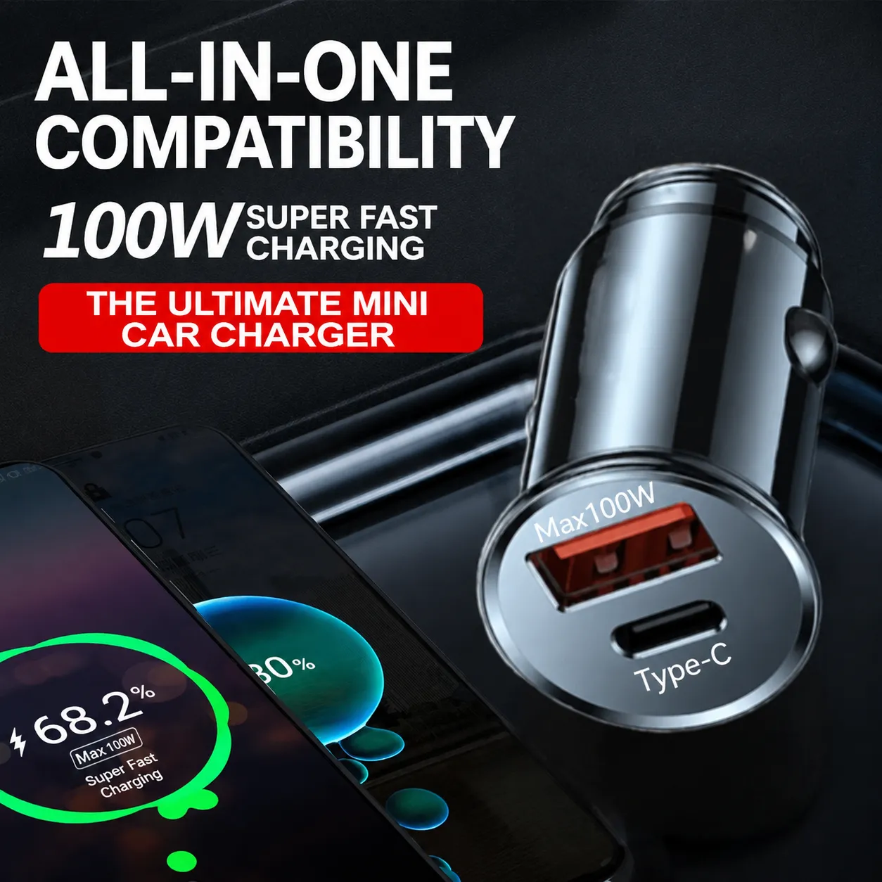 Aluminum Alloy Car Charger PD30W Vehicle Phone Charger Super Fast Car Charger