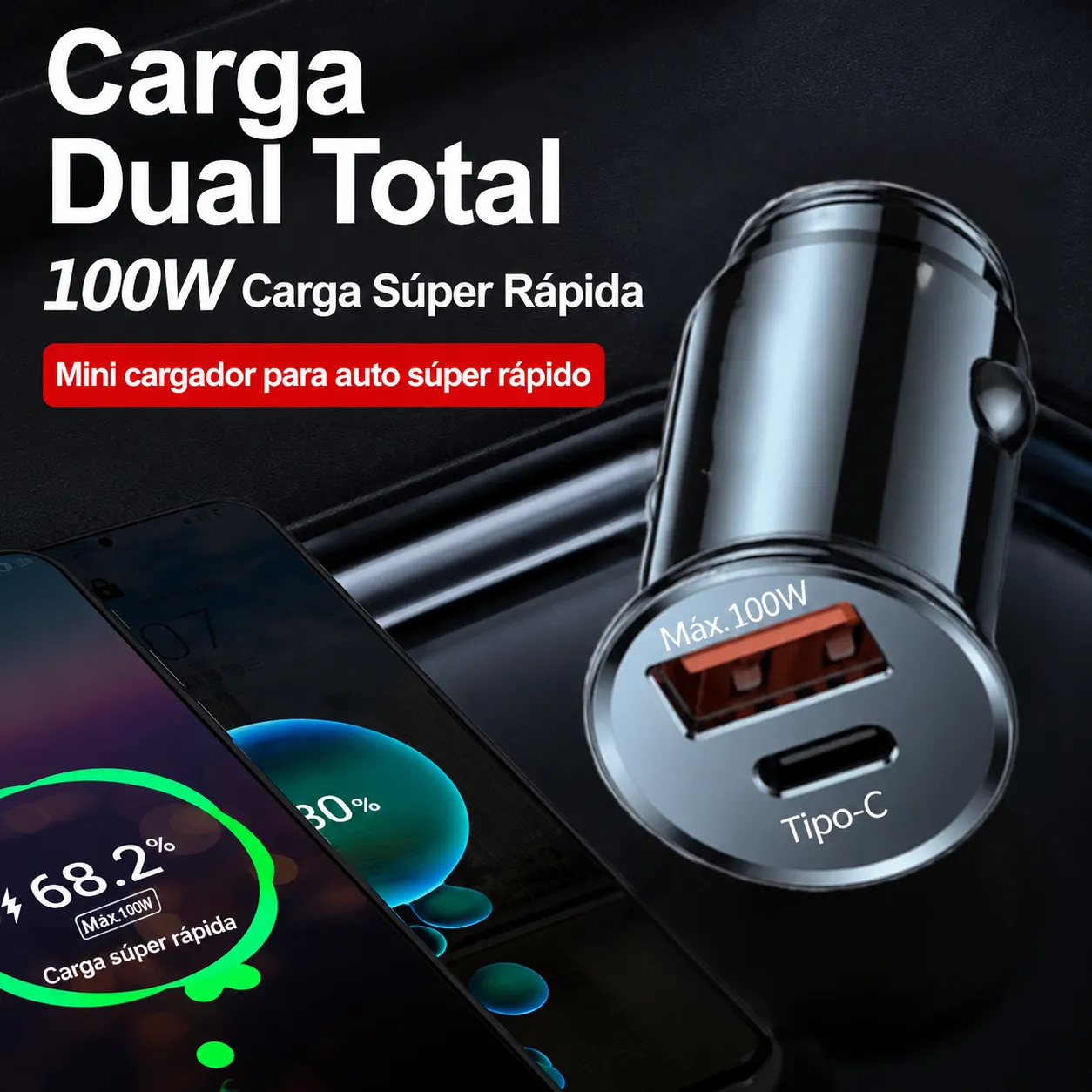 Cargador de coche de aleación de aluminio PD30W, cargador de coche para teléfono móvil con carga súper rápida.