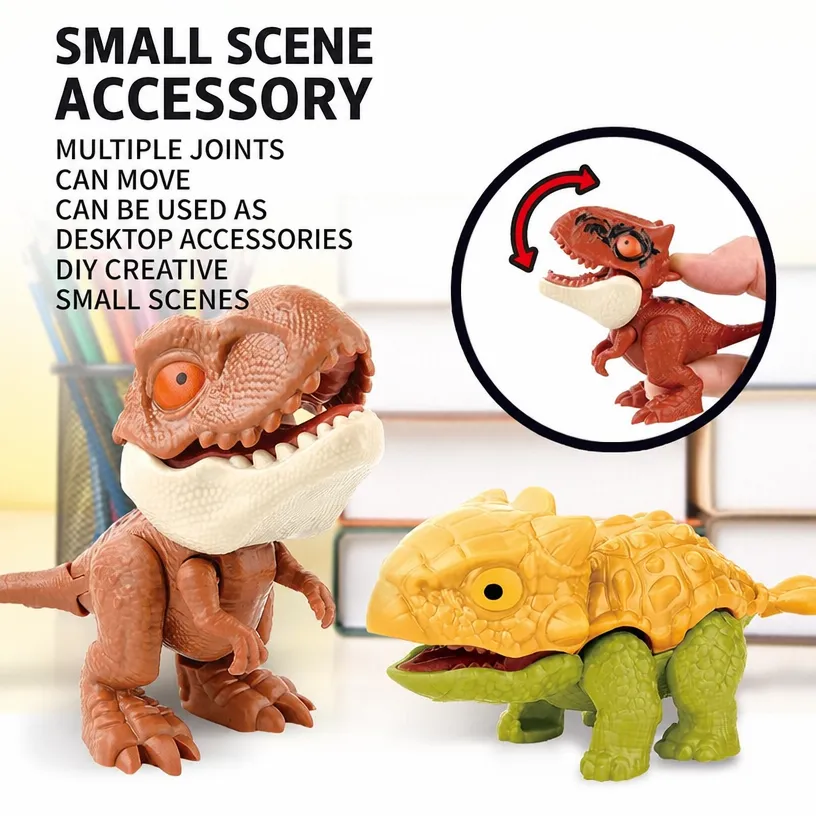 Dinosaur toy set with a toy dinosaur that bites its own finger, and a small dinosaur egg figurine. - Image 3