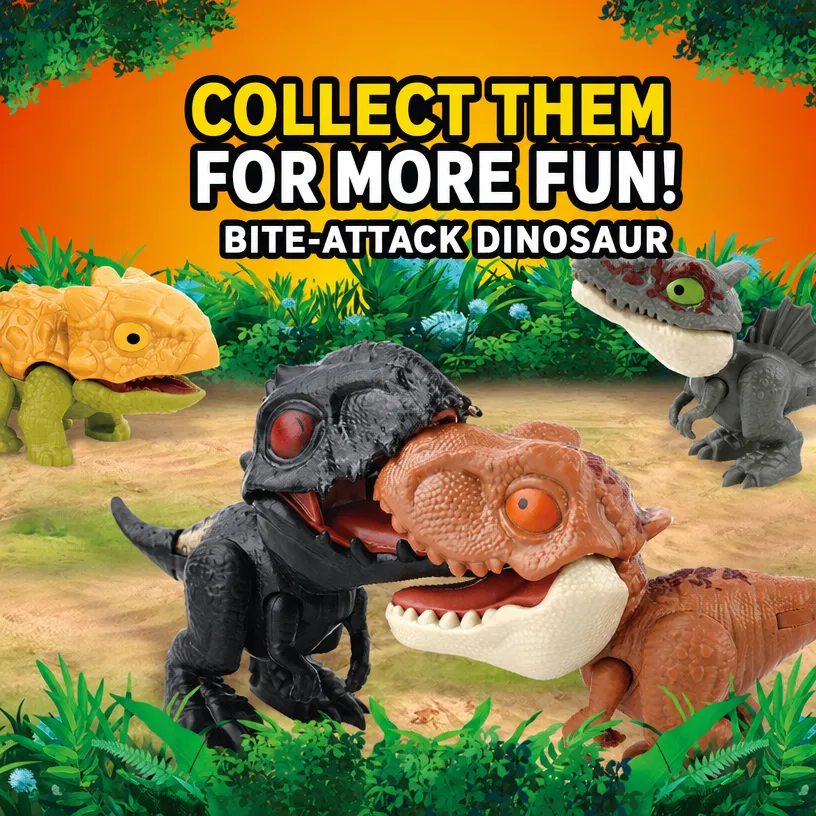Dinosaur toy set with a toy dinosaur that bites its own finger, and a small dinosaur egg figurine.