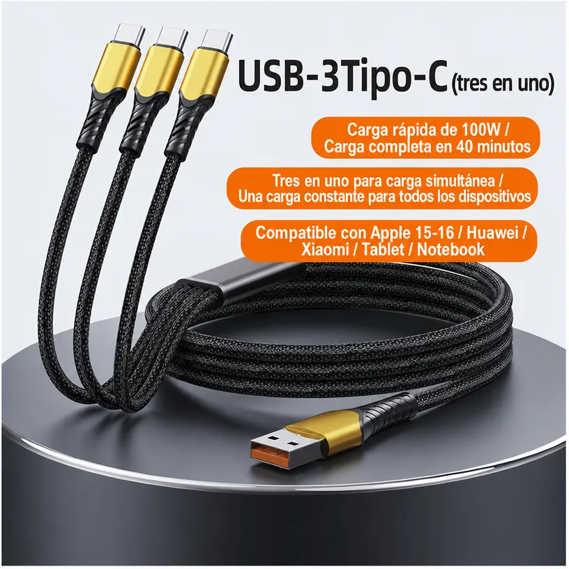 Cable de Carga Rápida 3 en 1 PD 100W: Cable Multiusos para iPhone, Type-C, Honor y Laptop - Image 3