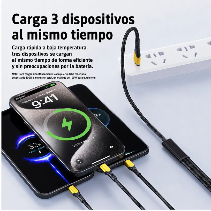 Cable de Carga Rápida 3 en 1 PD 100W: Cable Multiusos para iPhone, Type-C, Honor y Laptop - Image 5