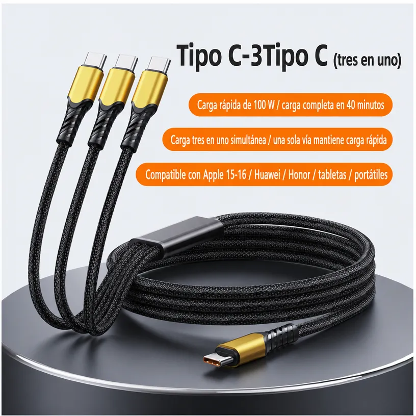 Cable de Carga Rápida 3 en 1 PD 100W: Cable Multiusos para iPhone, Type-C, Honor y Laptop - Image 2