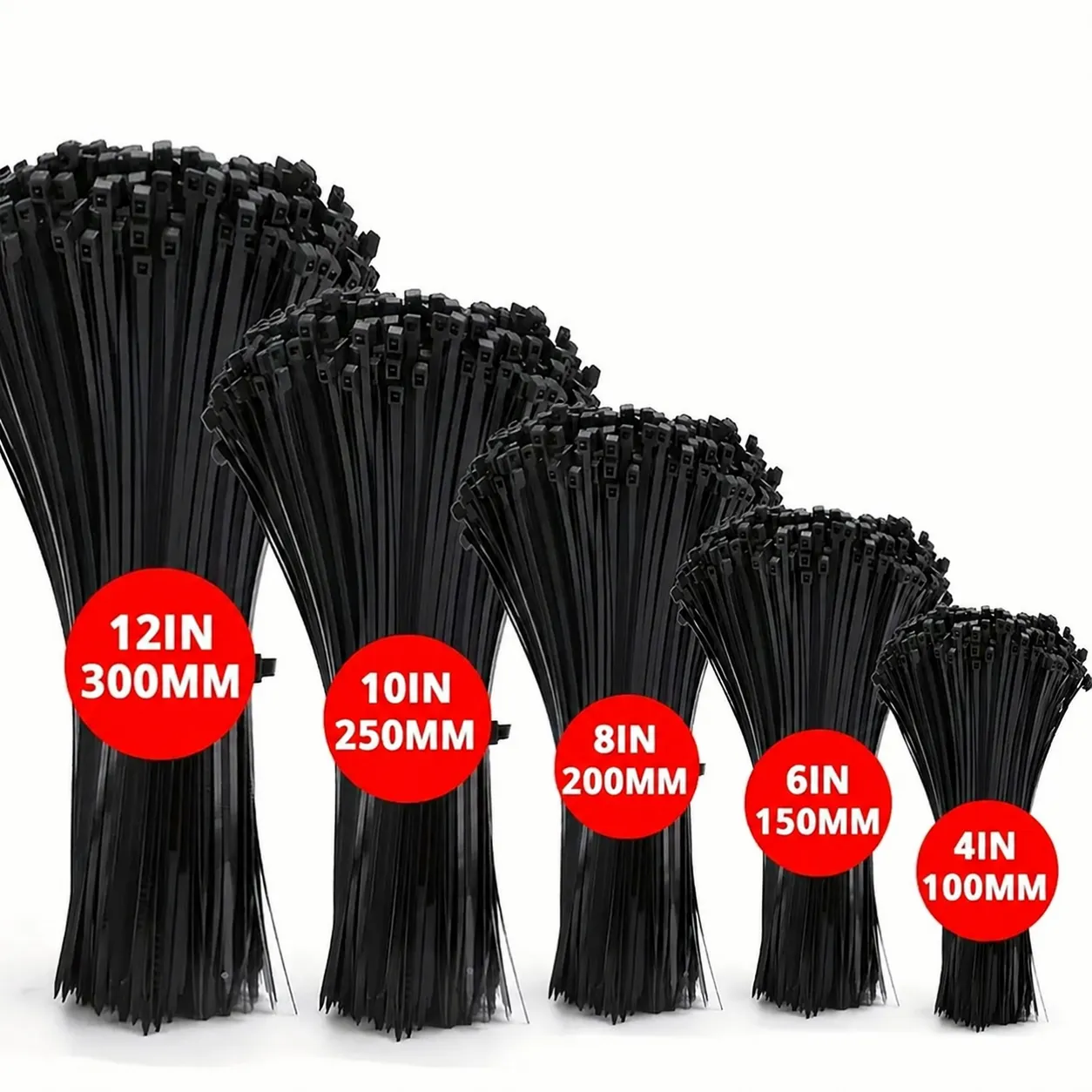 Combo Pack Of Black Cable Ties In Multiple Sizes: 12+10+8+6+4 Inches Self-Locking Ties Suitable For Indoor And Outdoor Use