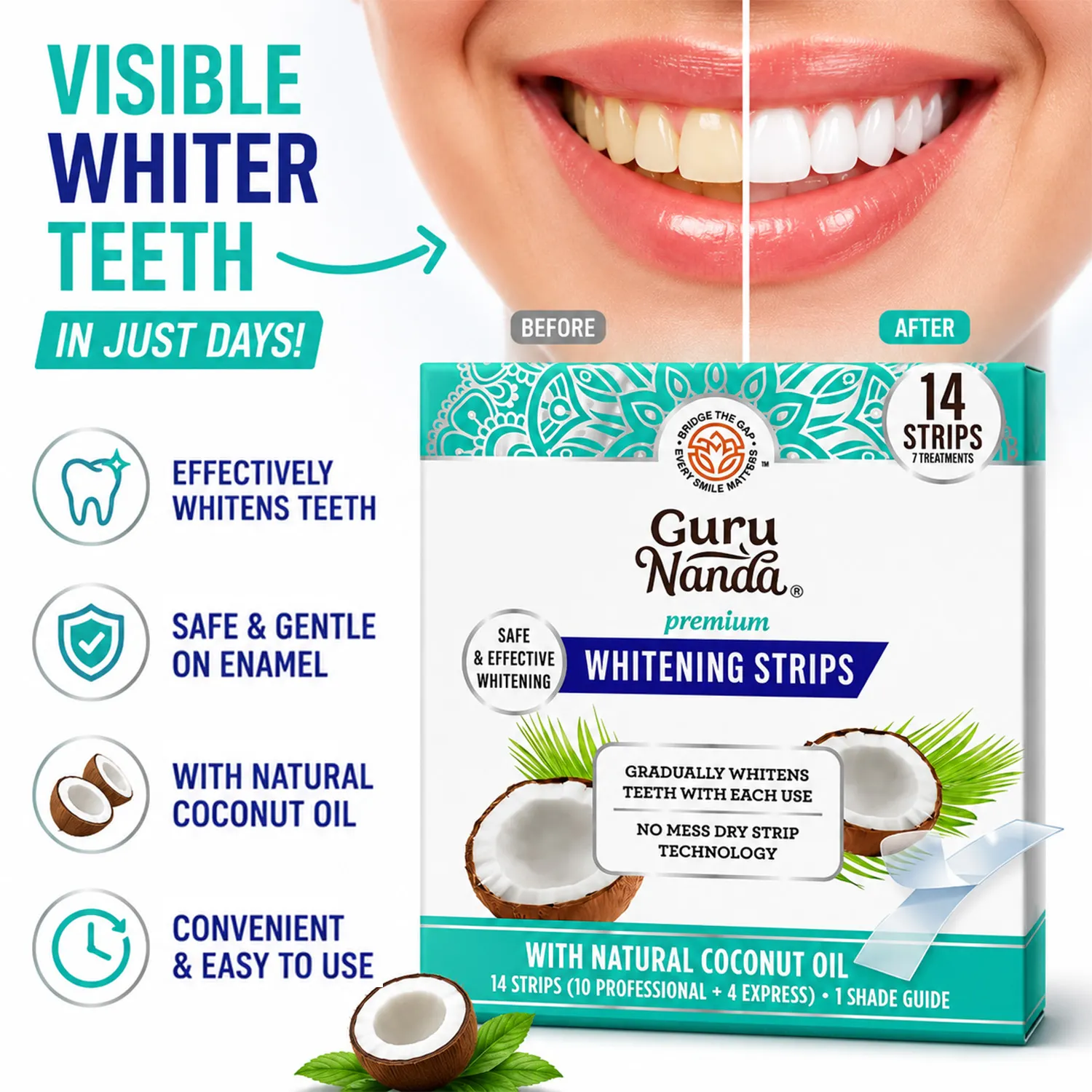 Tooth Whitening Strip Coconut Oil Whitening Strips Mint Flavor Whitening Strips 14pcs