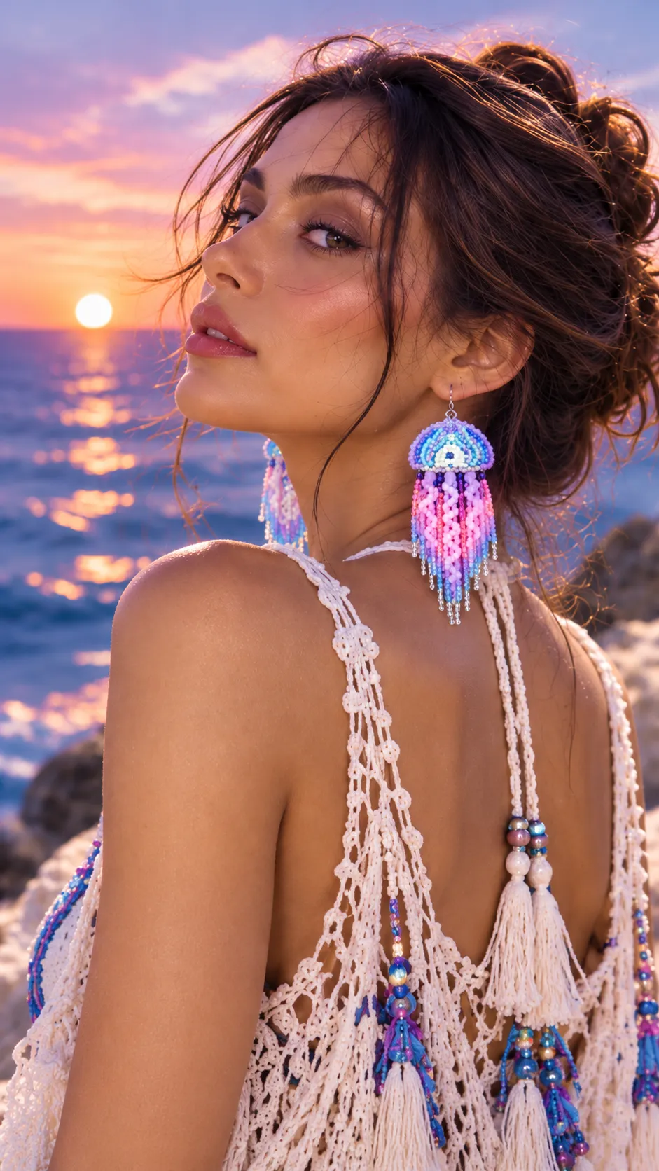 Medusa del Mar – Aretes de Medusa con Cuentas y Flecos Largos, Tejidos a Mano - Image 4