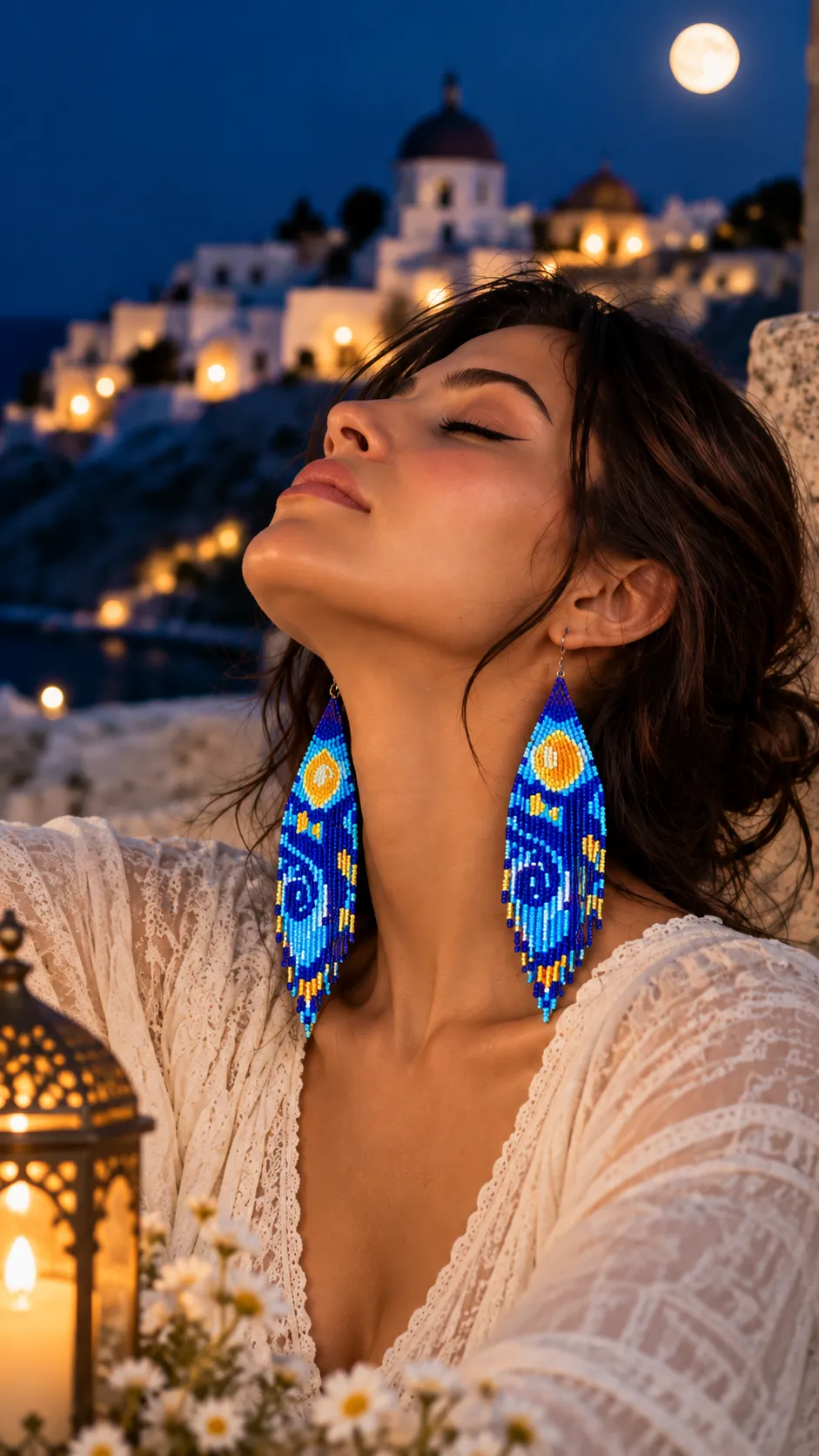 Noche Estrellada – Aretes Artísticos de Cuentas con Flecos Largos, Tejidos a Mano - Image 4