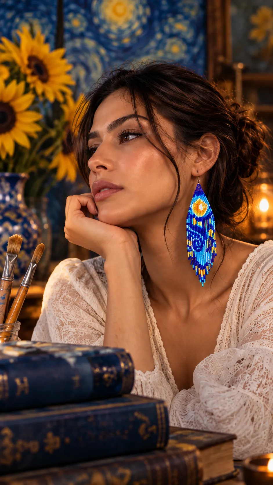 Noche Estrellada – Aretes Artísticos de Cuentas con Flecos Largos, Tejidos a Mano - Image 3