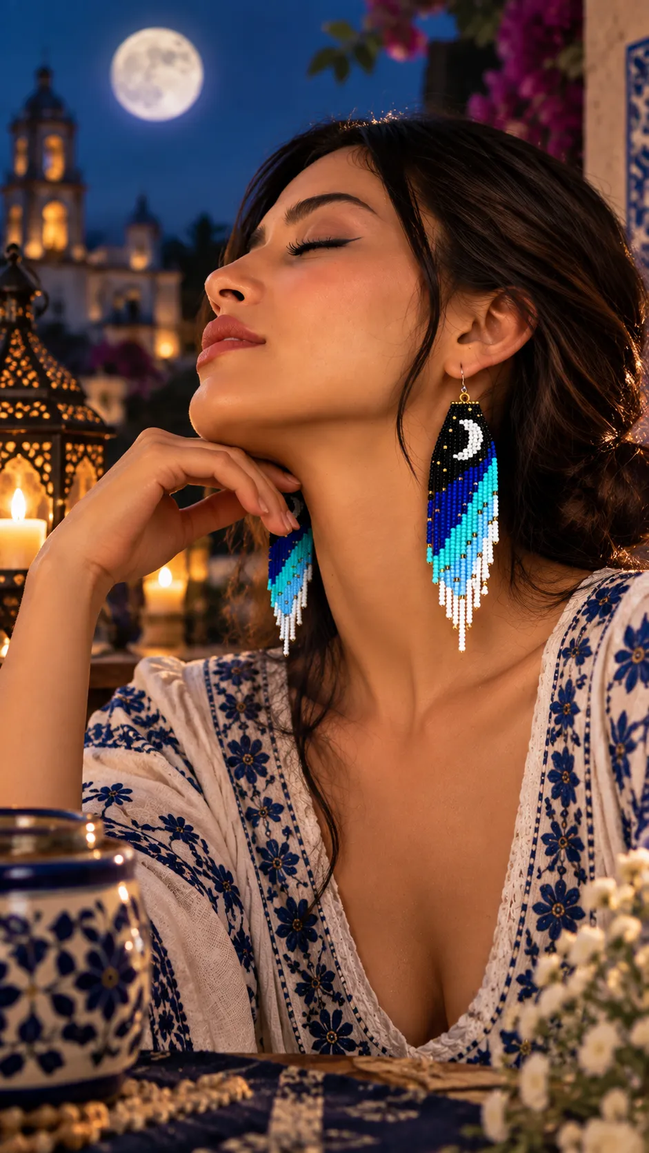 Luna Azul – Aretes Largos de Cuentas con Luna y Flecos, Tejidos a Mano, Estilo Bohemio - Image 2