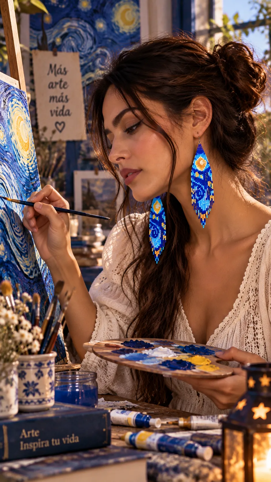 Noche Estrellada – Aretes Artísticos de Cuentas con Flecos Largos, Tejidos a Mano - Image 5