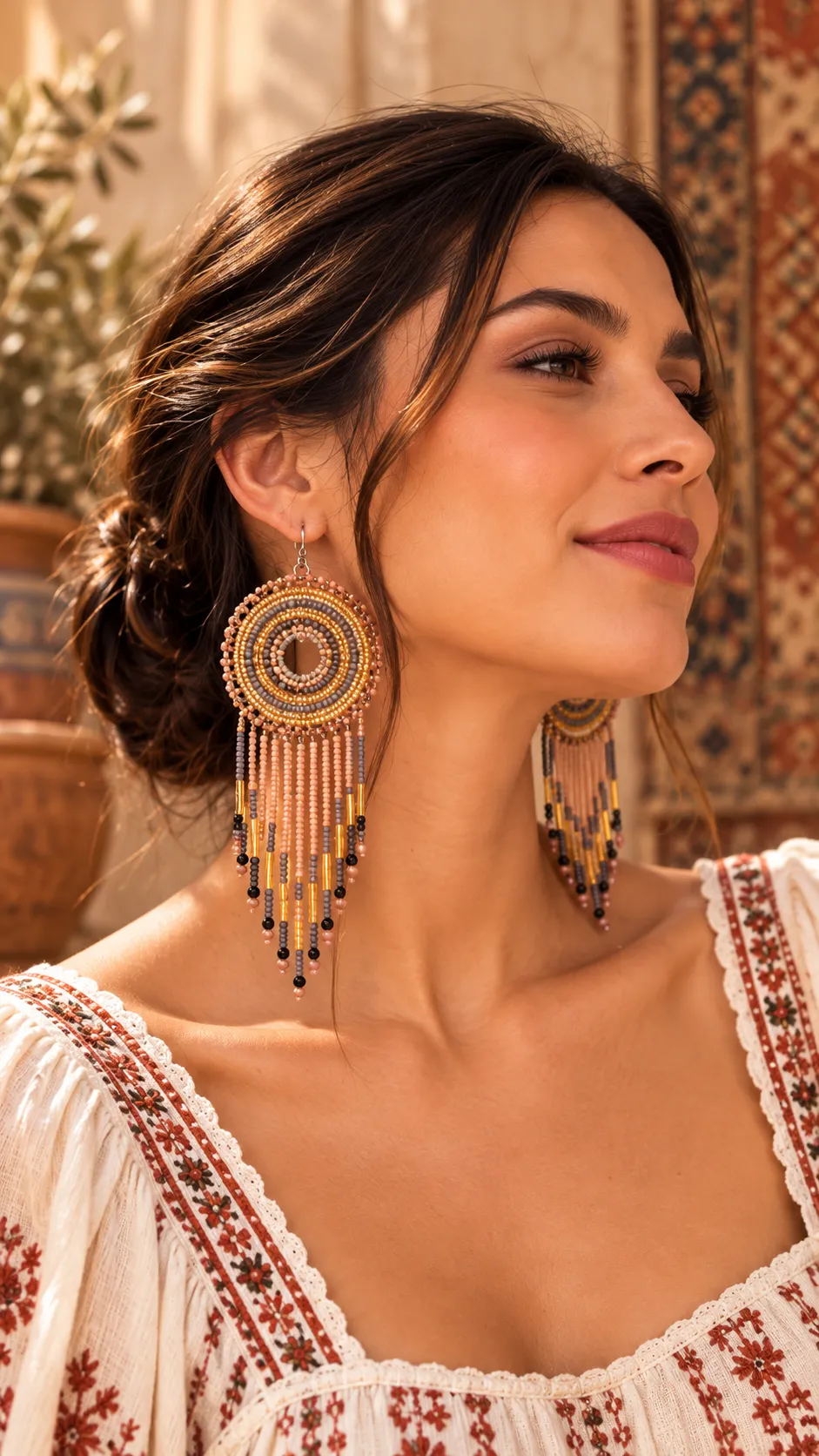 Alma de Tierra – Aretes Redondos de Cuentas con Flecos Largos, Tejidos a Mano, Estilo Bohemio Vintage - Image 2