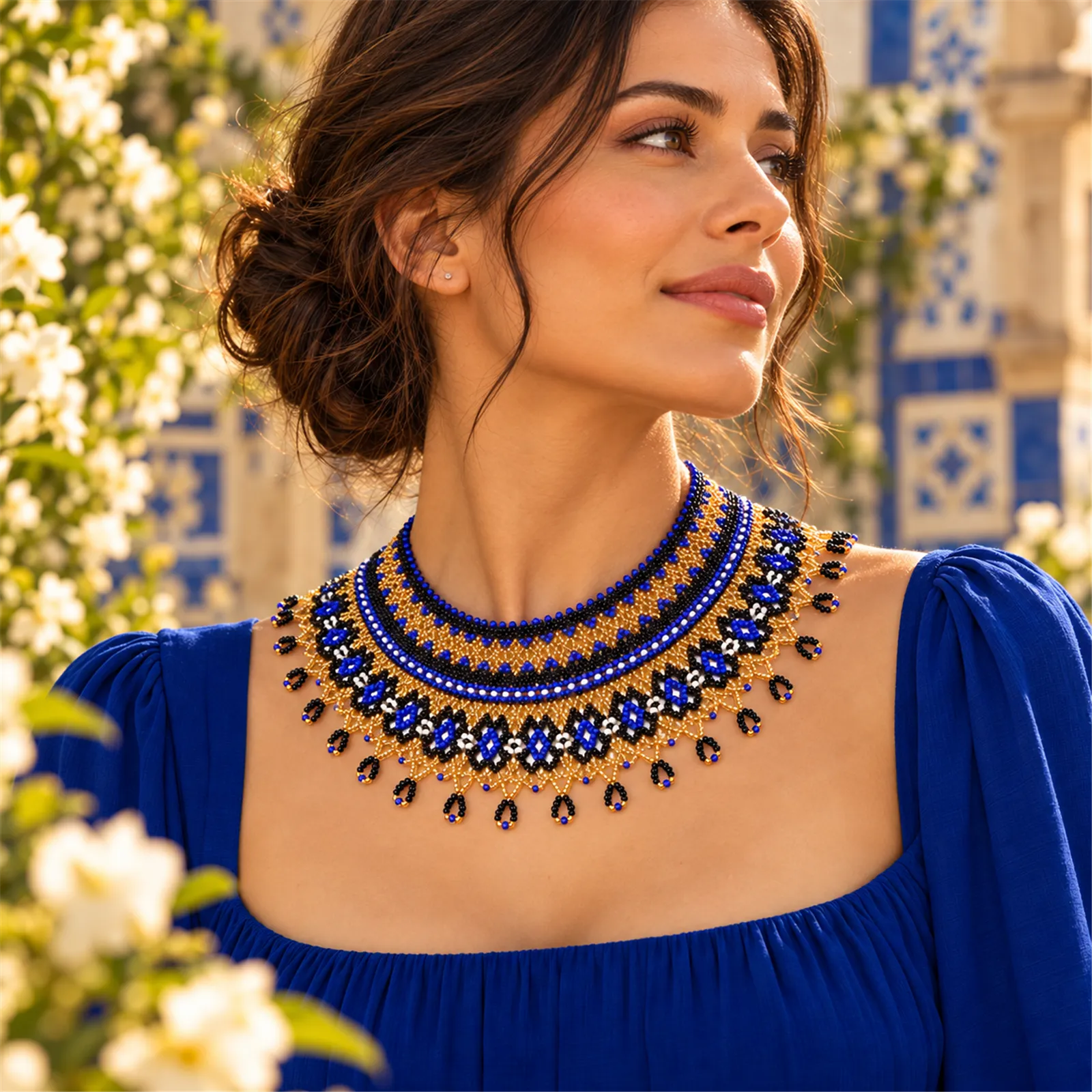 Azul Imperial – Collar de Cuentas Azules y Doradas con Diseño Geométrico, Tejido a Mano, Estilo Bohemio - Image 5