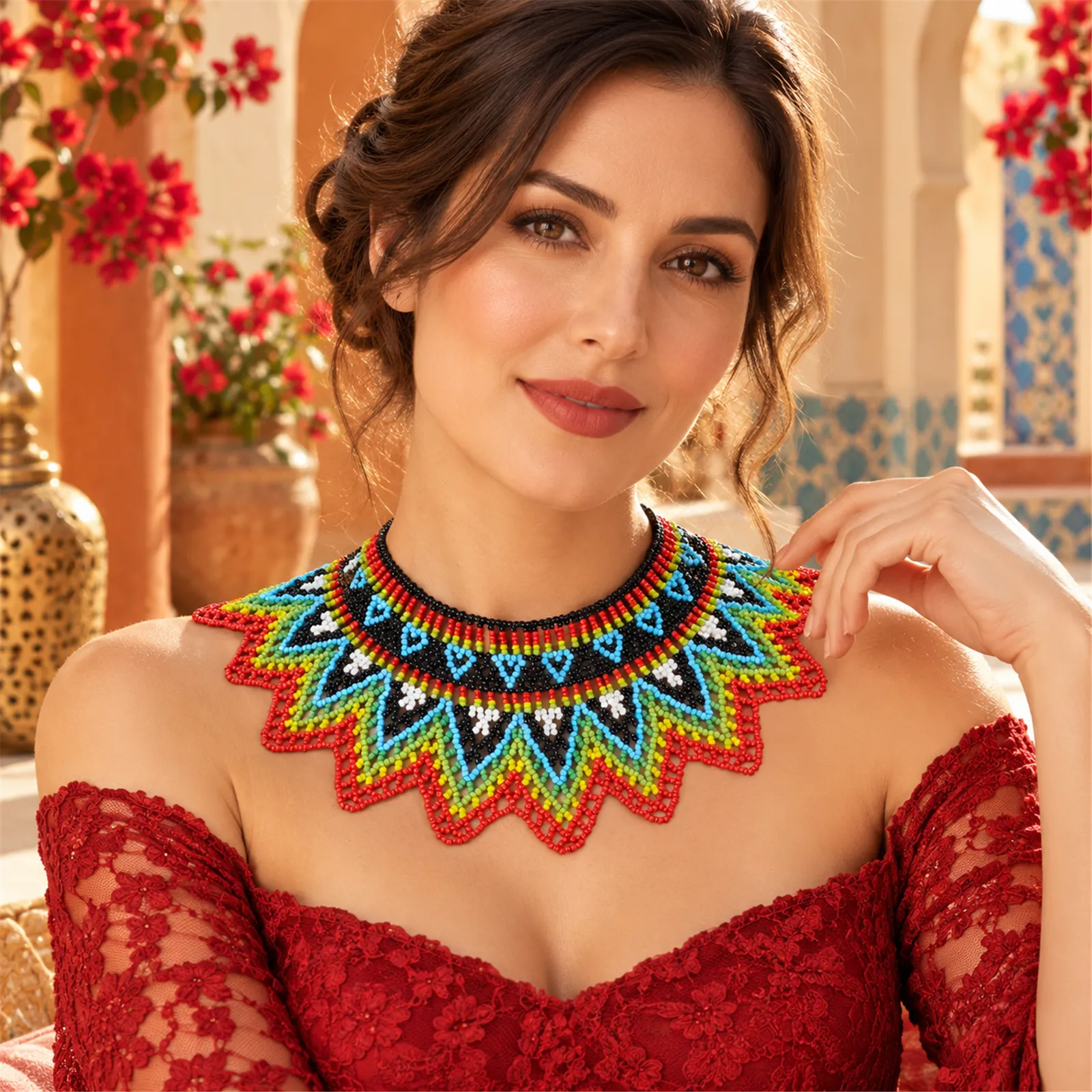 Alma de Fuego – Collar de Cuentas Multicolor con Diseño Geométrico, Tejido a Mano, Estilo Étnico Bohemio