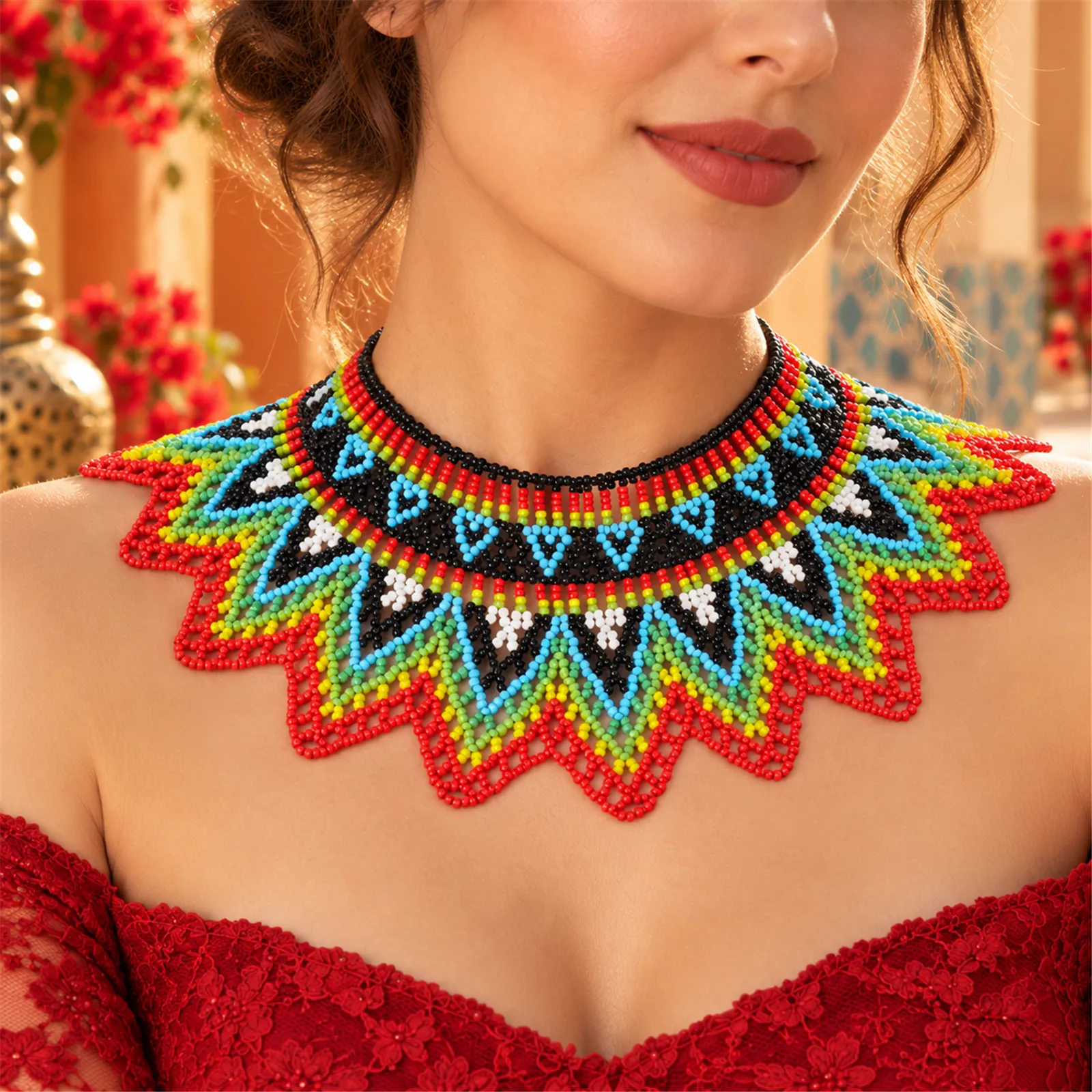 Alma de Fuego – Collar de Cuentas Multicolor con Diseño Geométrico, Tejido a Mano, Estilo Étnico Bohemio - Image 5