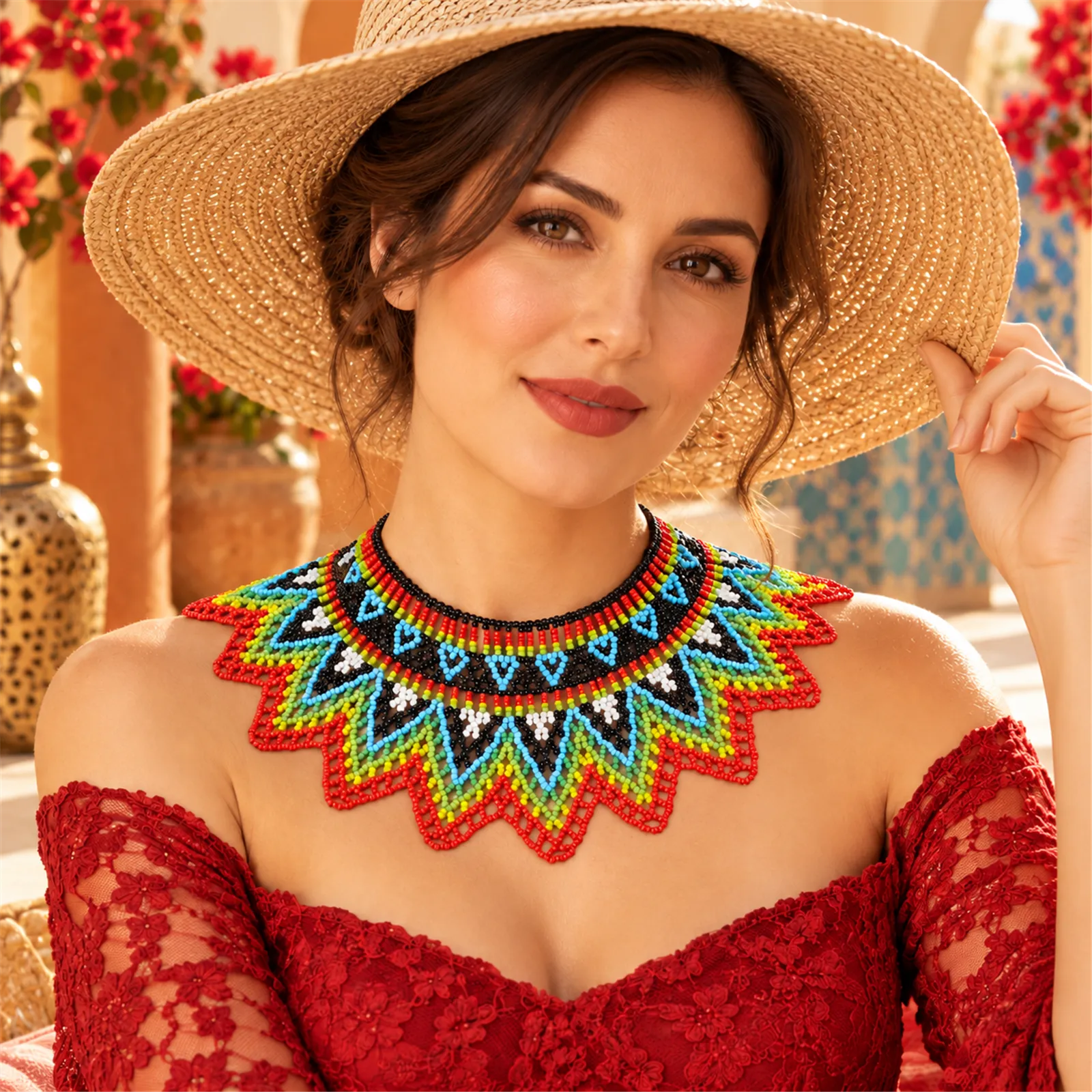 Alma de Fuego – Collar de Cuentas Multicolor con Diseño Geométrico, Tejido a Mano, Estilo Étnico Bohemio - Image 6