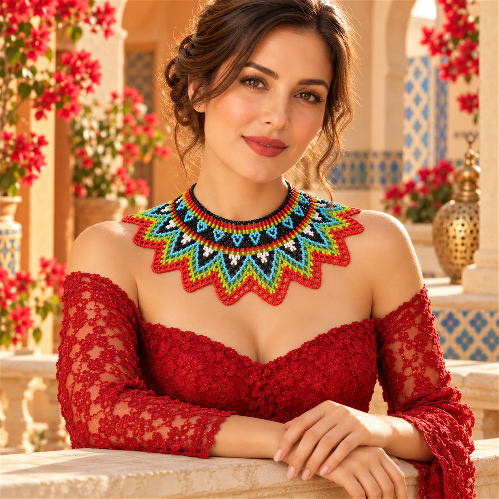 Alma de Fuego – Collar de Cuentas Multicolor con Diseño Geométrico, Tejido a Mano, Estilo Étnico Bohemio - Image 4
