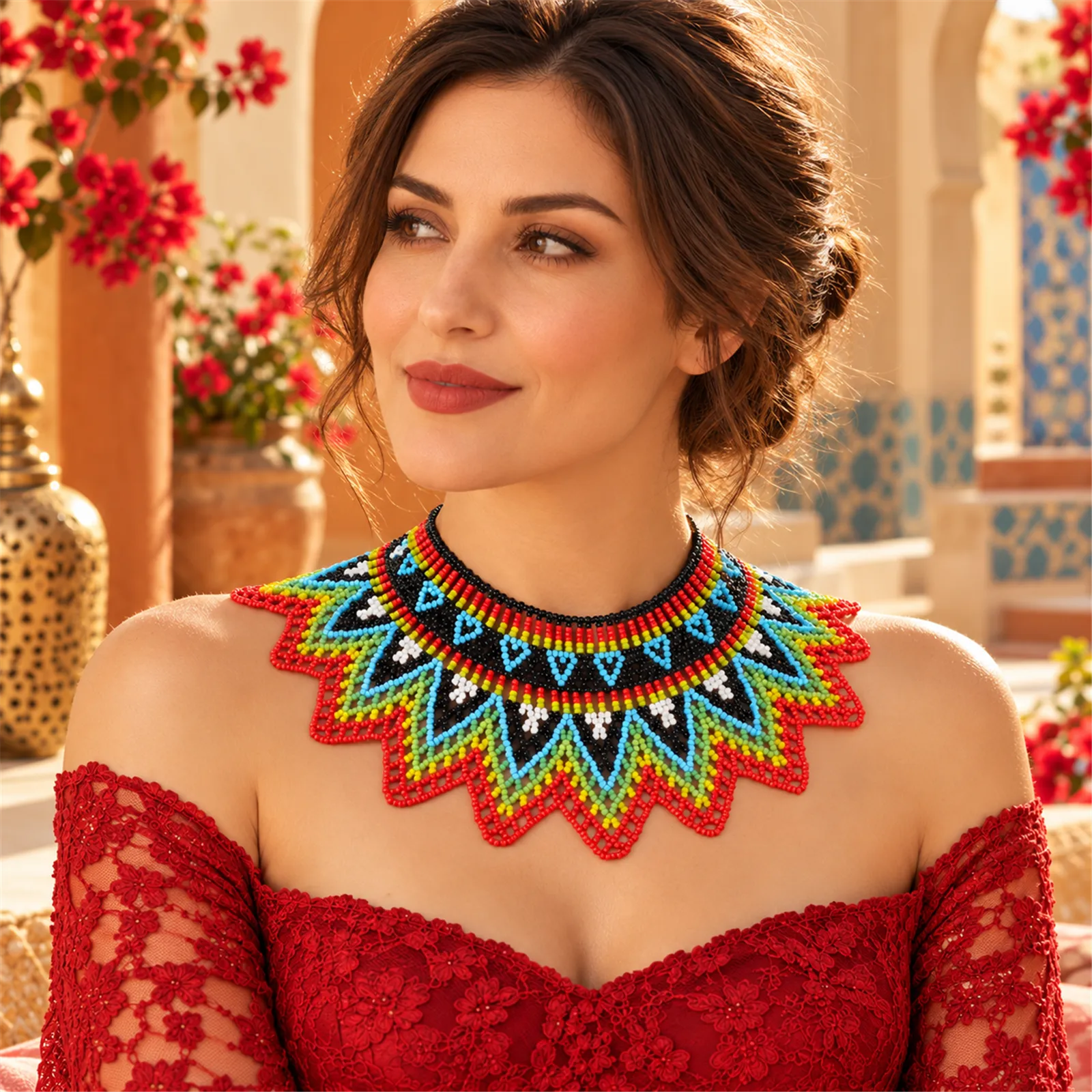 Alma de Fuego – Collar de Cuentas Multicolor con Diseño Geométrico, Tejido a Mano, Estilo Étnico Bohemio - Image 2