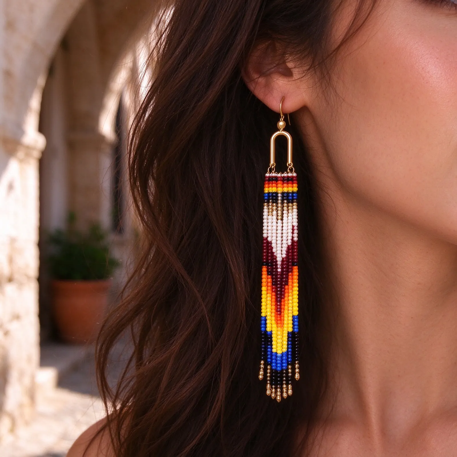 Matiz – Aretes Largos de Cuentas Multicolor con Flecos, Tejidos a Mano, Estilo Bohemio - Image 3