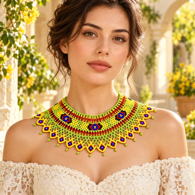 Tierra Viva – Collar de Cuentas Multicolor con Diseño Geométrico y Bordes en Punta, Tejido a Mano, Estilo Bohemio