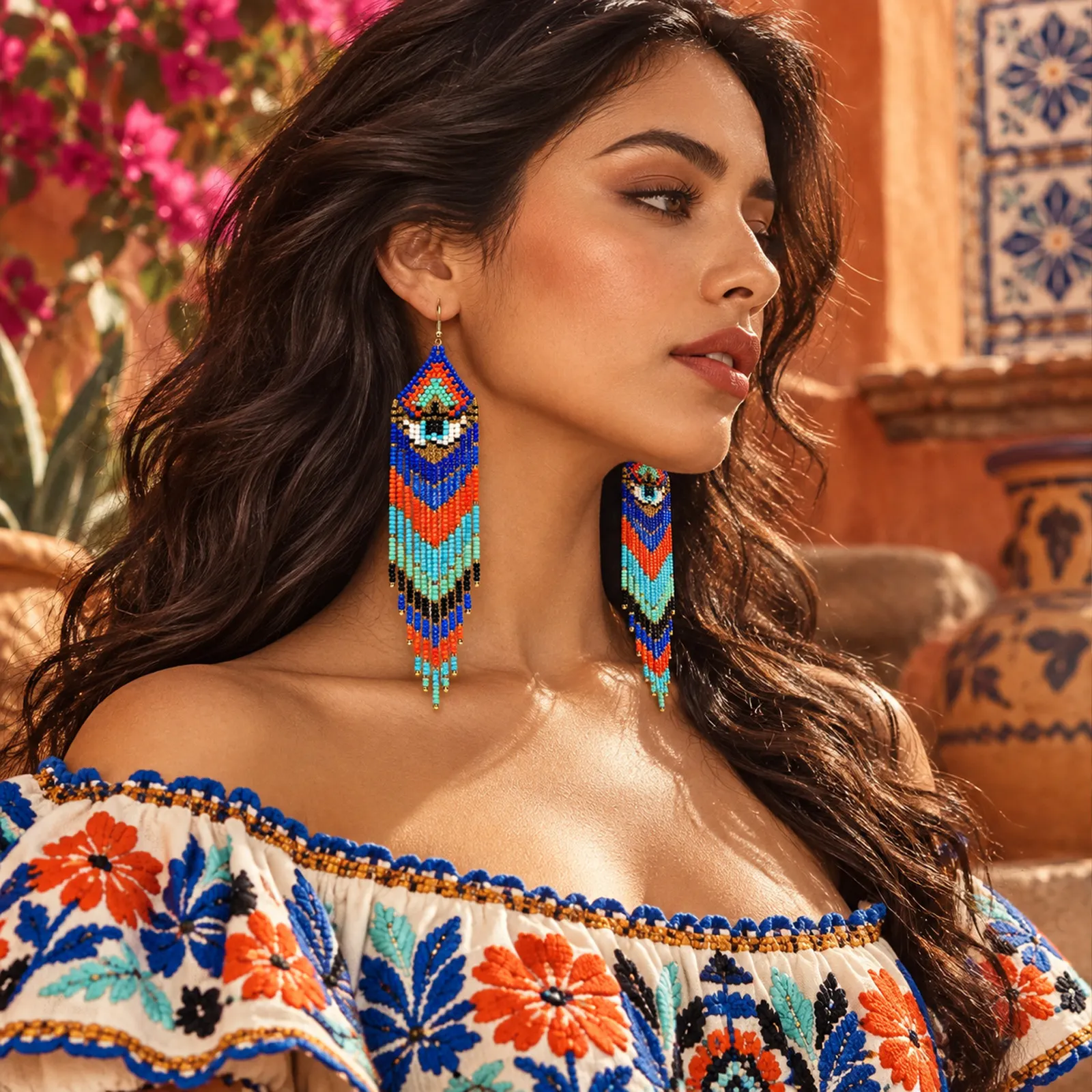 Ojo Protector – Aretes de Cuentas con Diseño de Ojo, Estilo Bohemio Étnico - Image 3