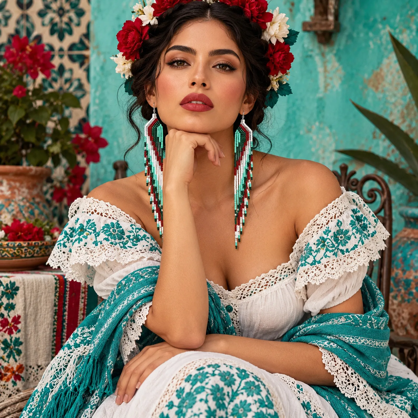 Verde Bohemio – Aretes Largos de Cuentas Multicolor con Flecos, Tejidos a Mano, Estilo Bohemio - Image 3