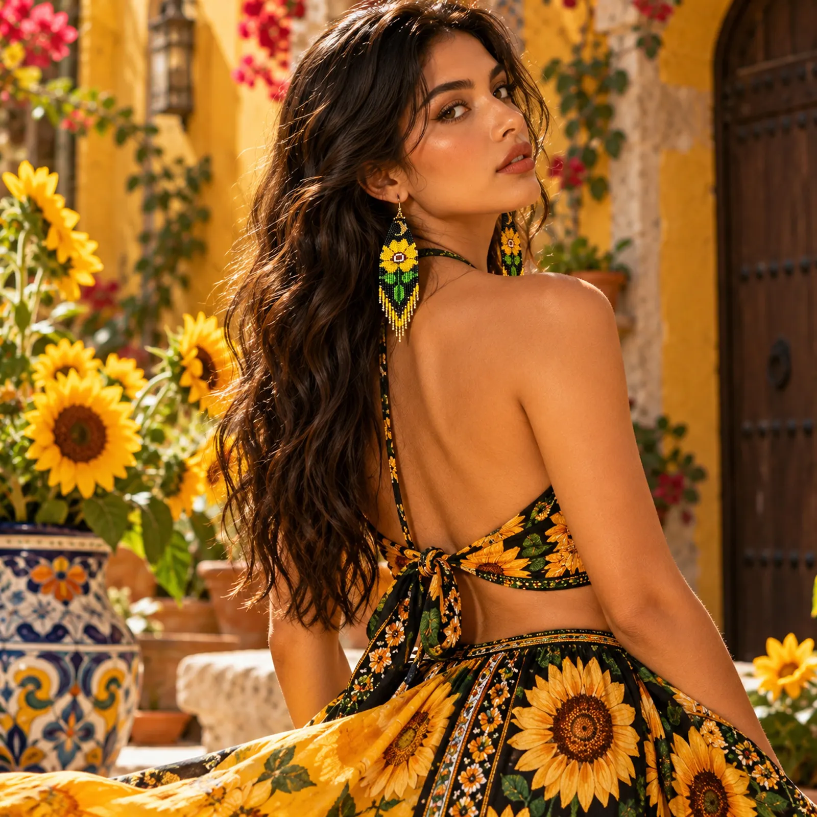 Girasol Dorado – Aretes Largos de Cuentas Tejidas a Mano con Flecos, Estilo Bohemio Étnico - Image 4