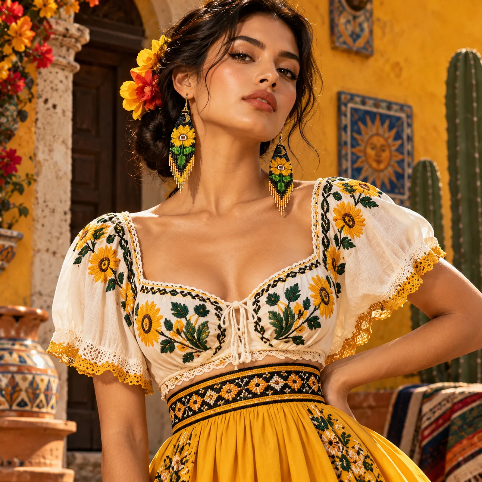 Girasol Dorado – Aretes Largos de Cuentas Tejidas a Mano con Flecos, Estilo Bohemio Étnico - Image 2