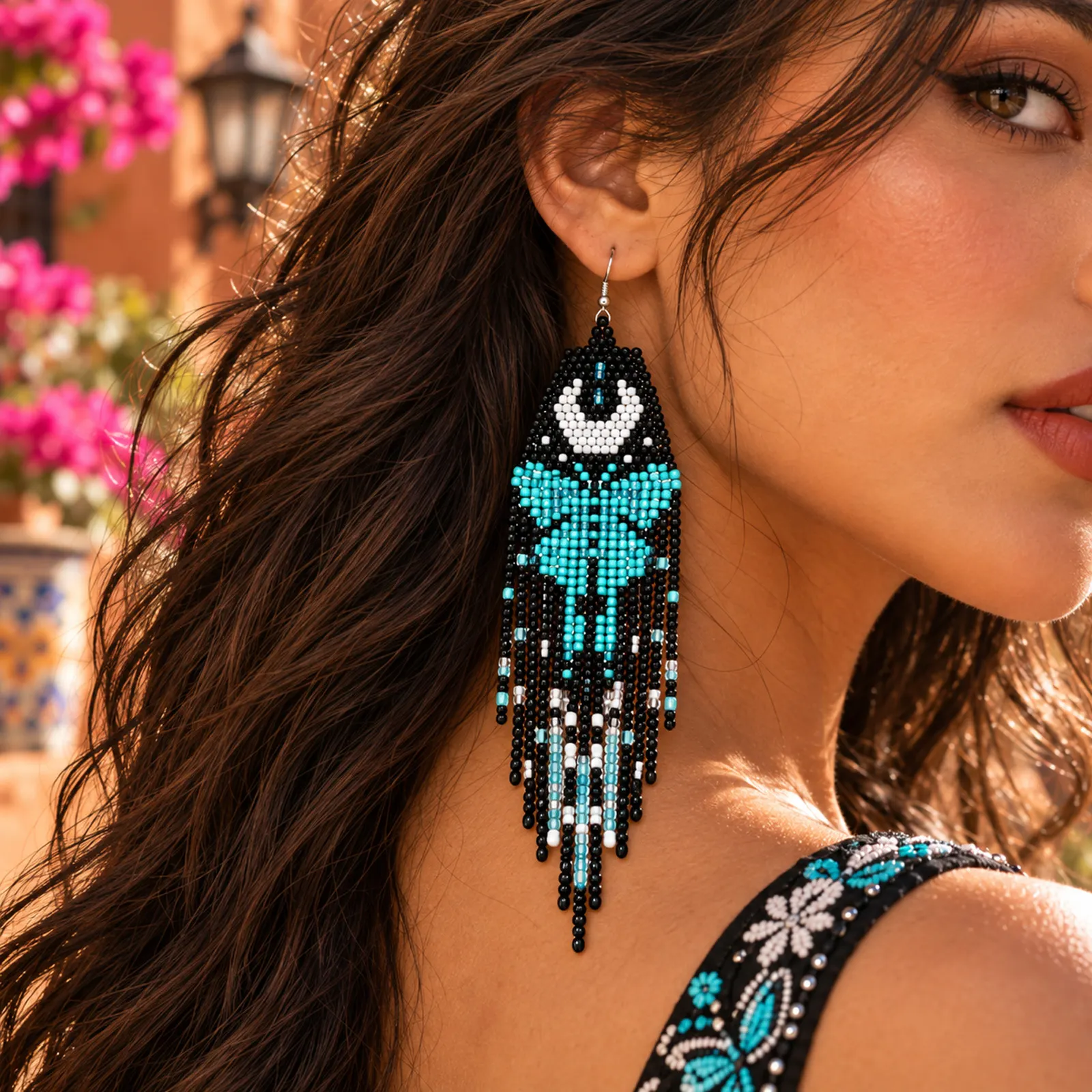 Atrapasueños Místico – Aretes Largos de Cuentas con Flecos, Estilo Bohemio Étnico - Image 2