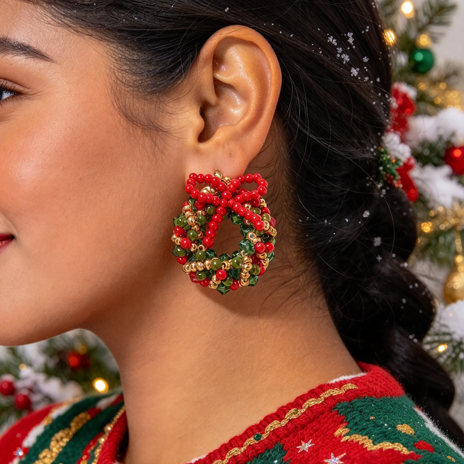 Aretes Navideños de Cuentas Hechos a Mano – Pendientes de Corona de Navidad con Lazos, Estilo Festivo y Original