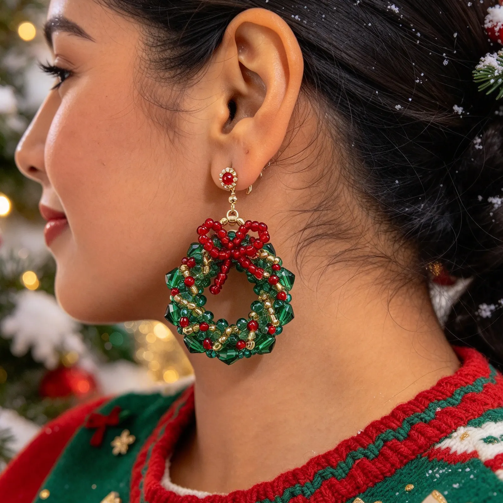 Aretes Navideños de Cuentas Hechos a Mano – Pendientes de Corona de Navidad con Lazos, Estilo Festivo y Original - Image 4