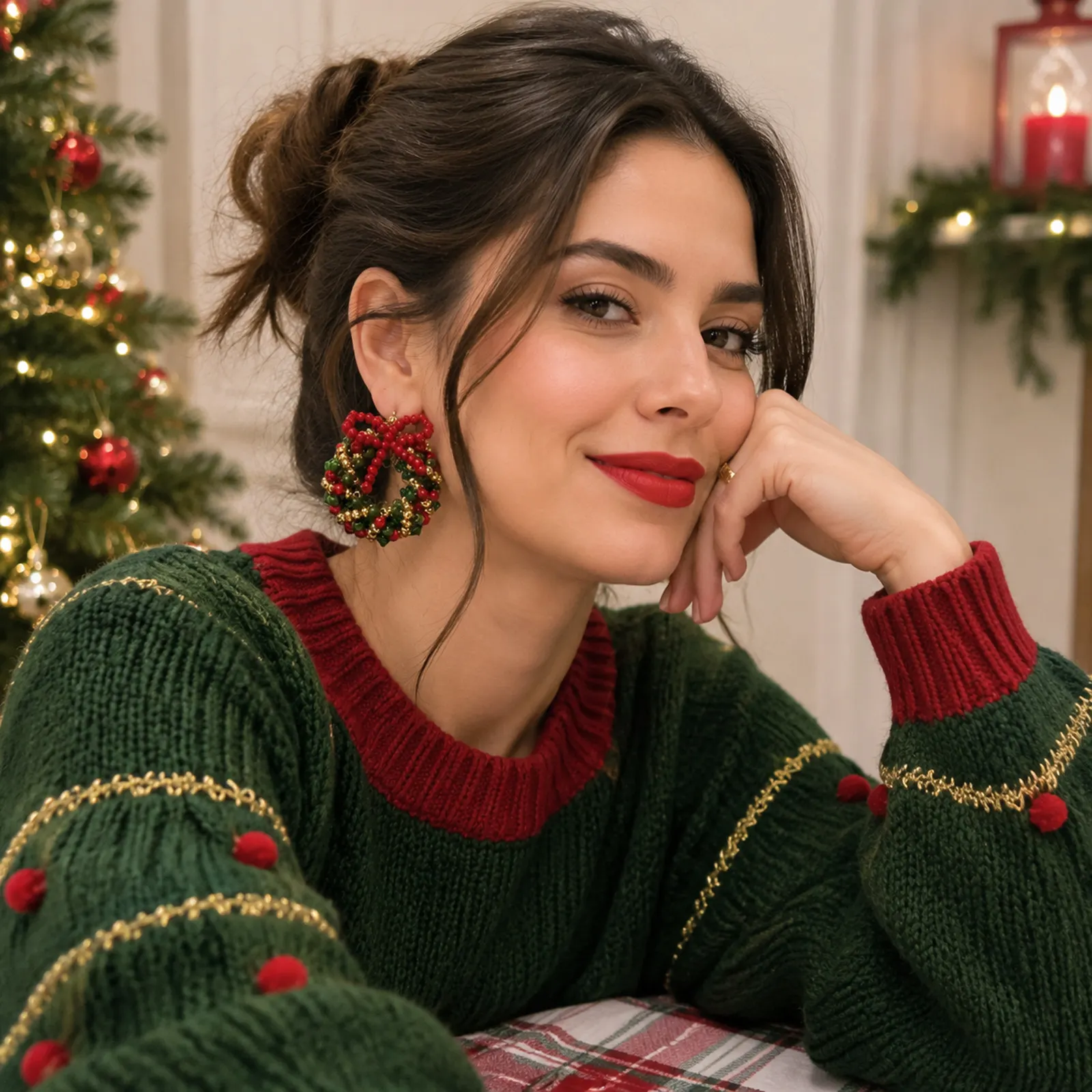 Aretes Navideños de Cuentas Hechos a Mano – Pendientes de Corona de Navidad con Lazos, Estilo Festivo y Original - Image 2