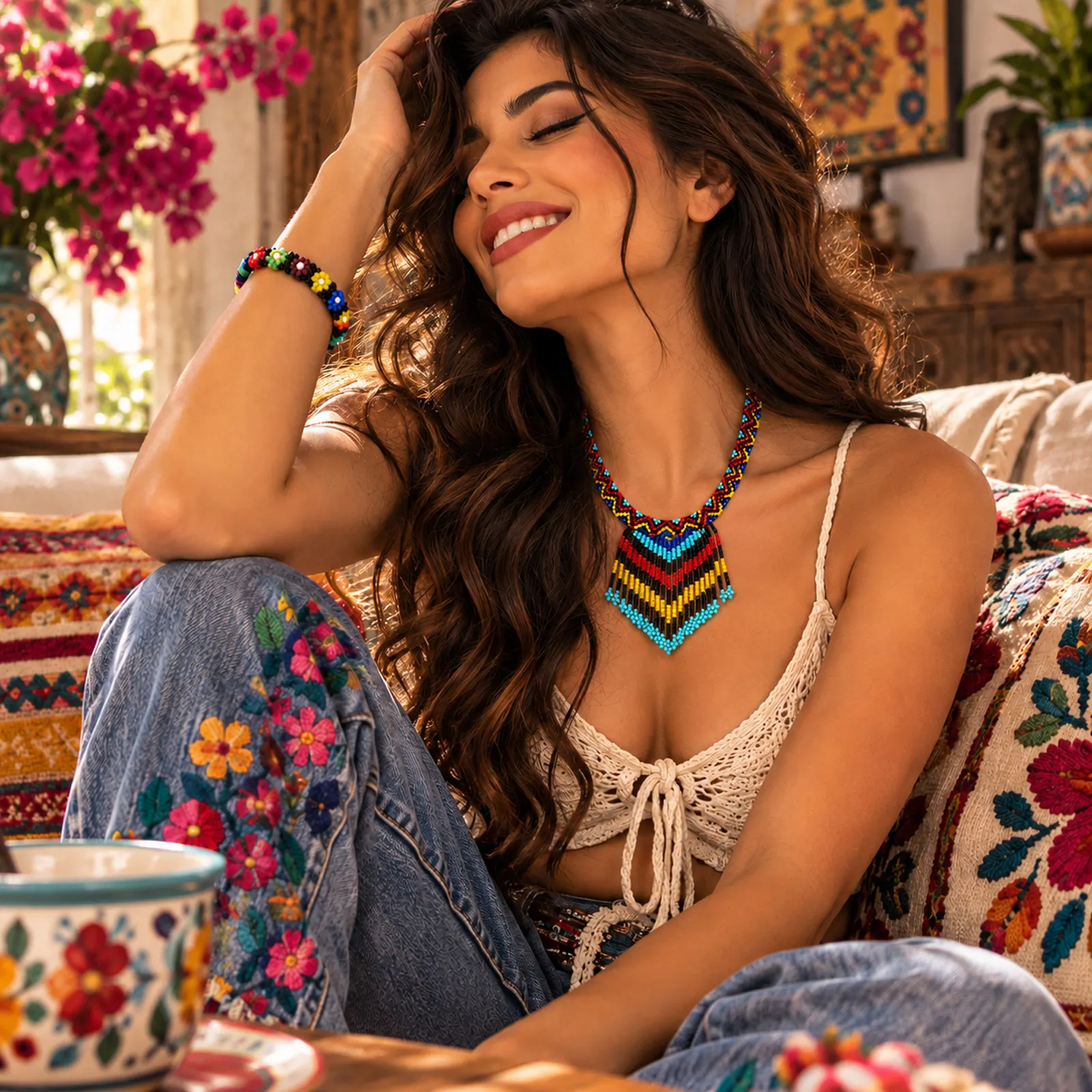 Alma Colorida – Set de Collar y Pulsera de Cuentas Tejidas, Joyería Étnica Bohemia con Diseño Geométrico y Floral - Image 2