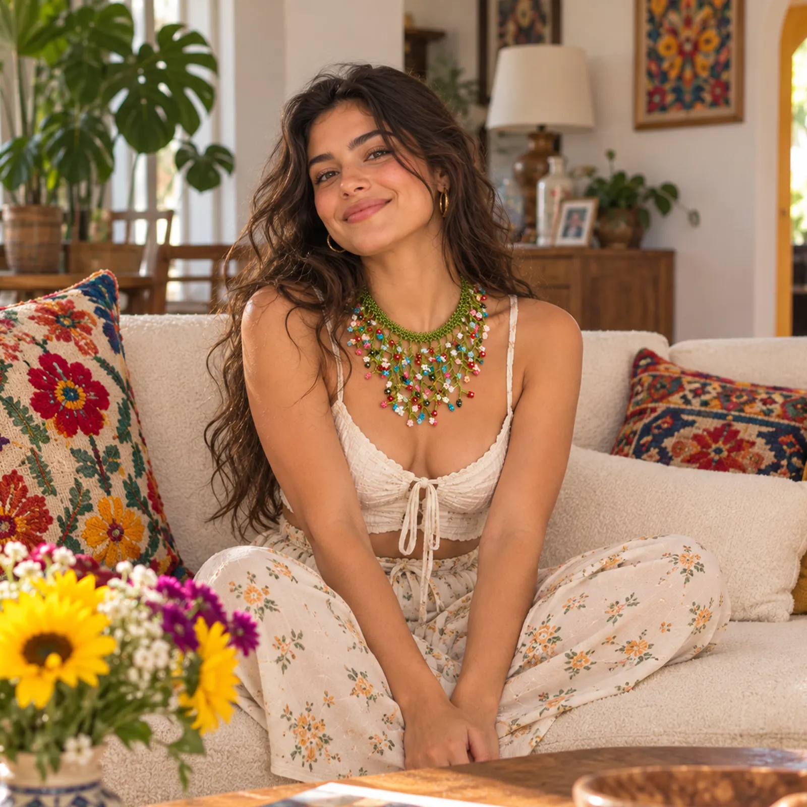 Collar Cascada Bohemio – Collar de Cuentas Tejidas a Mano con Flecos y Detalles Florales, Joyería Étnica para Mujer - Image 10