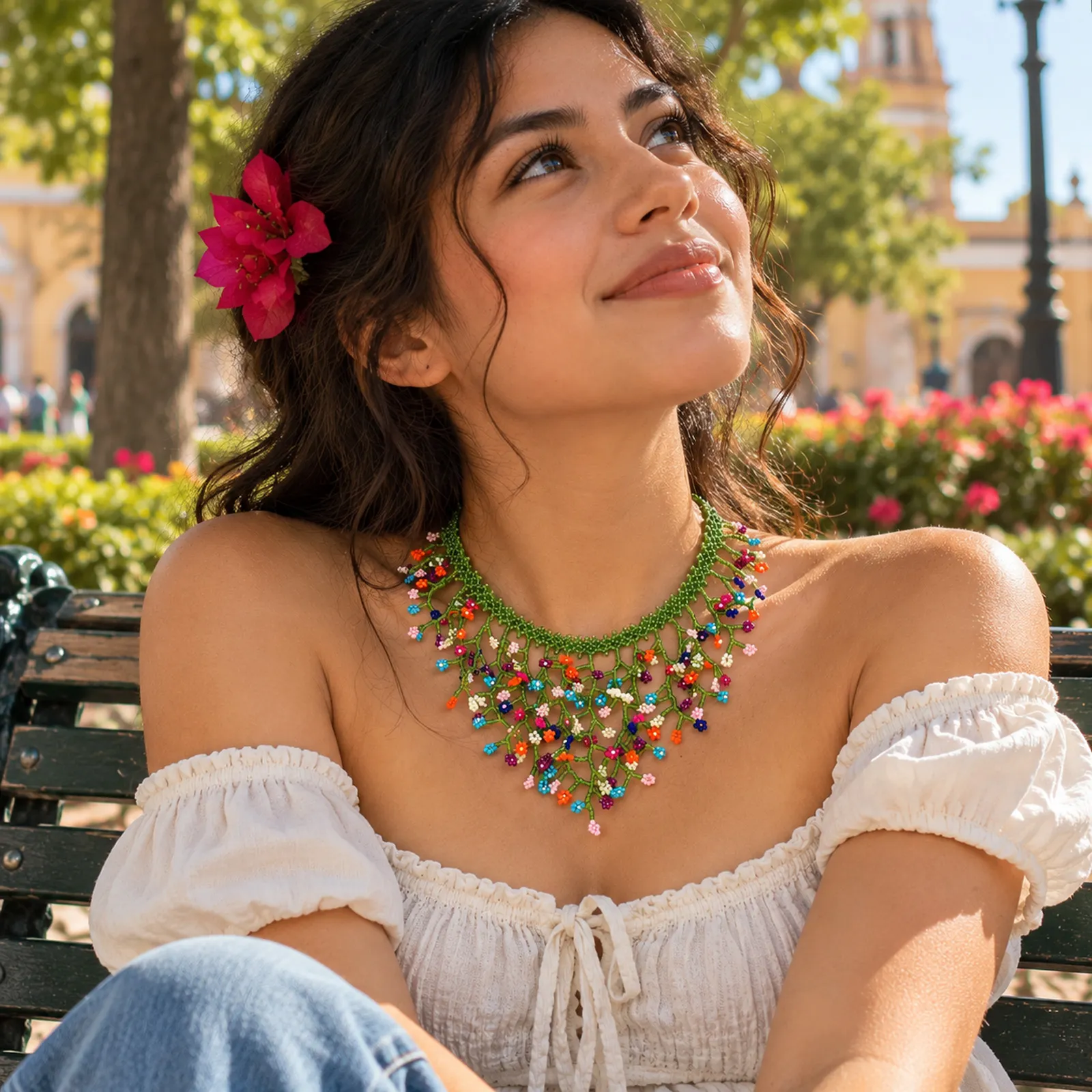 Collar Cascada Bohemio – Collar de Cuentas Tejidas a Mano con Flecos y Detalles Florales, Joyería Étnica para Mujer - Image 3